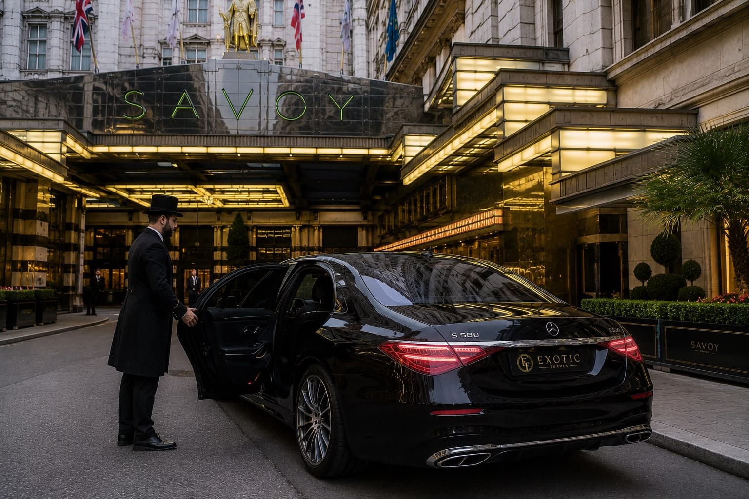 A top-hatted doorman opening the door of a black Mercedes S-Class outside The Savoy