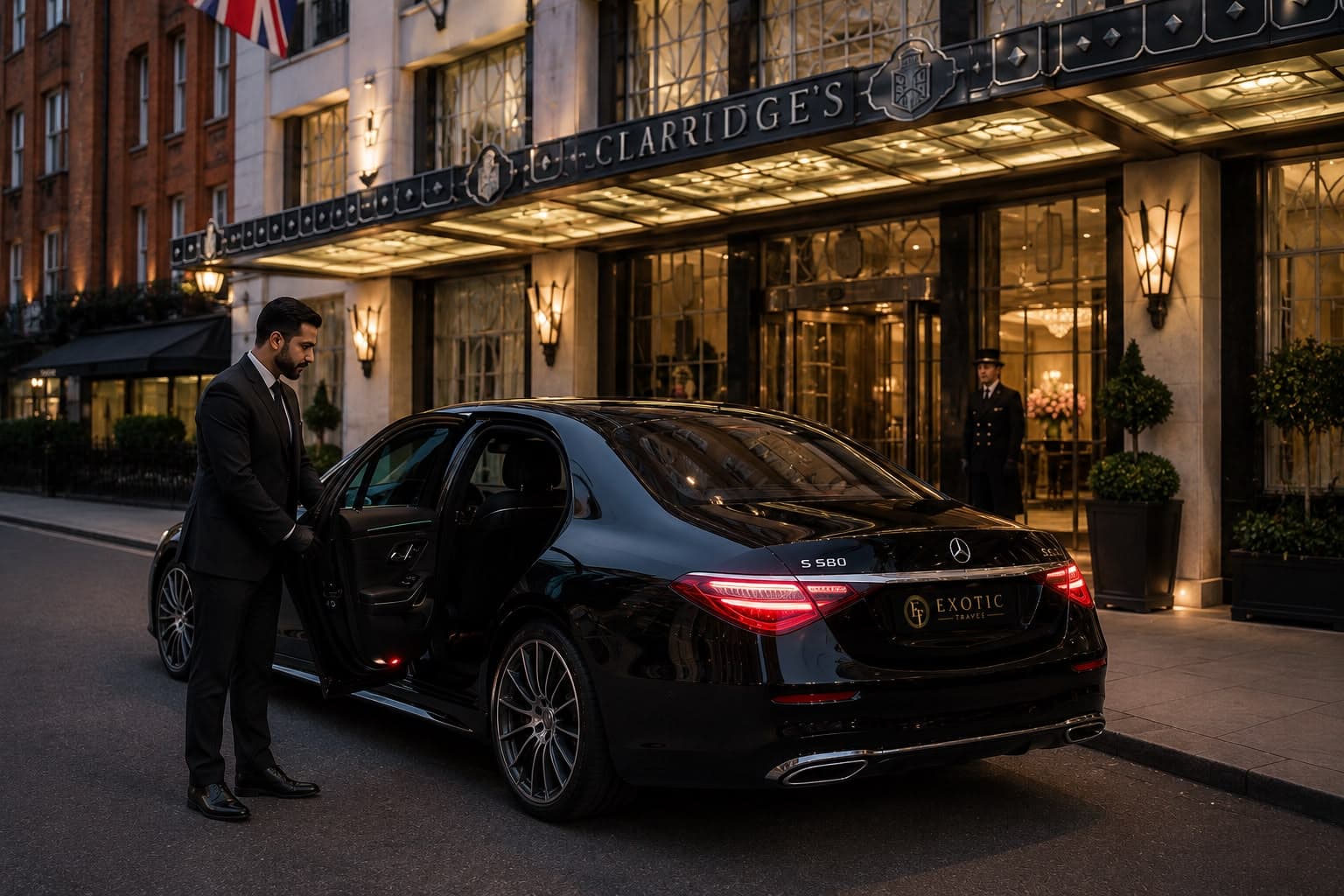 A chauffeur holding the door of a black Mercedes S-Class outside Claridge's at dusk