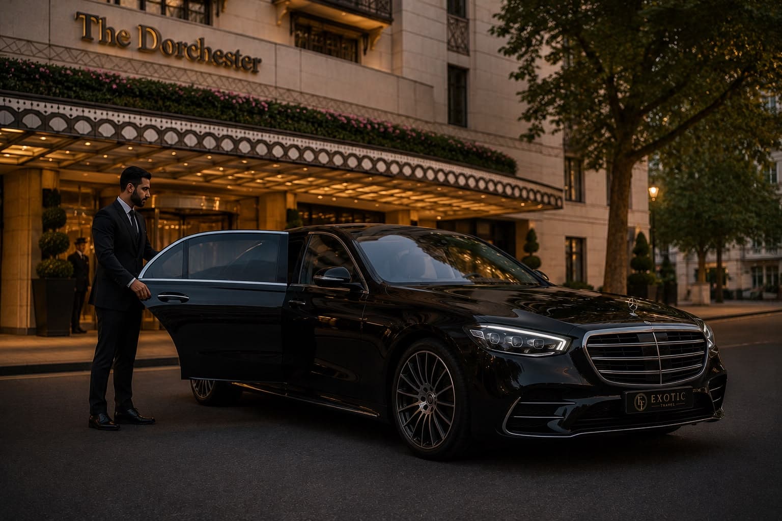 A black Mercedes S-Class waiting outside The Dorchester, chauffeur holding the rear door open