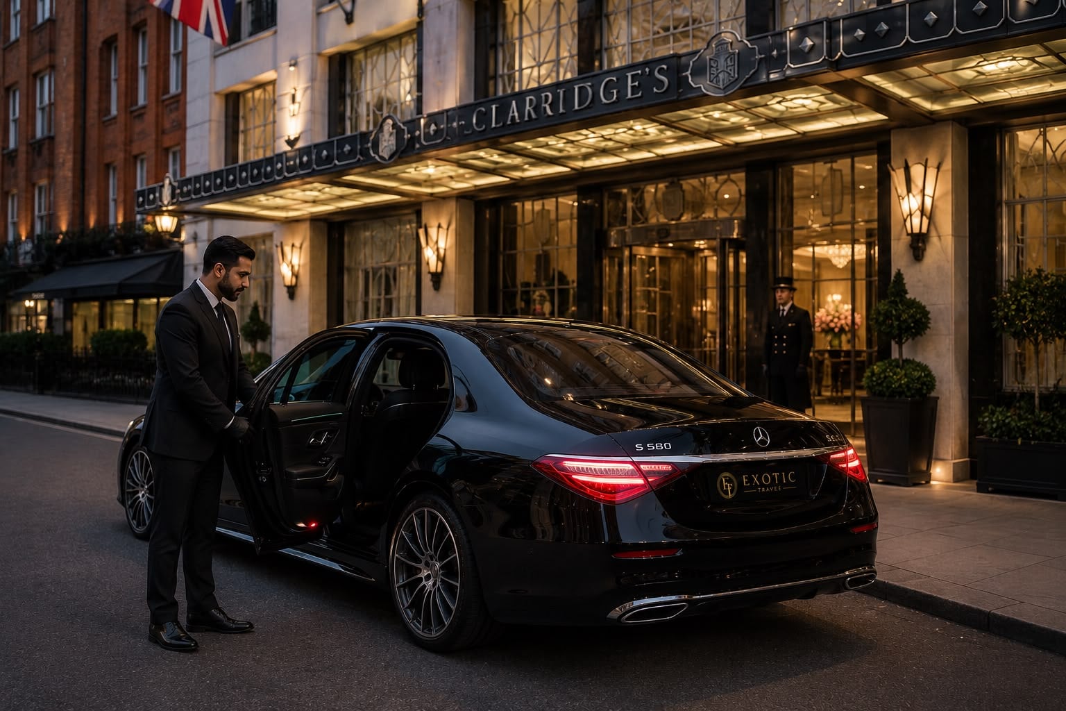 A chauffeur at the door of a black Mercedes S-Class outside Claridge's at dusk