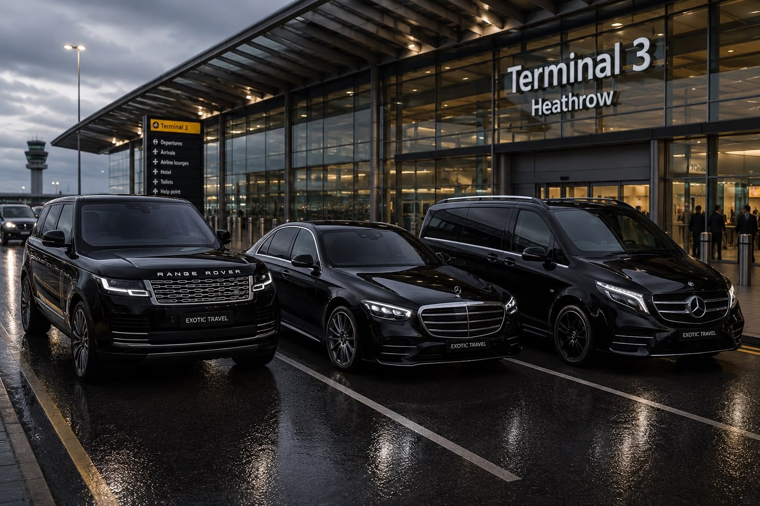 The Exotic Travel fleet — a Range Rover, Mercedes S-Class and Mercedes V-Class lined up at Heathrow Terminal 3